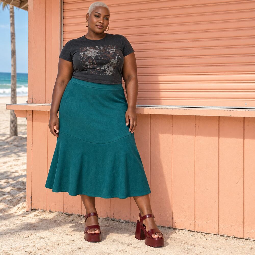 Cato Woman Teal Suede-Look Flared Midi Skirt Plus Size 16W